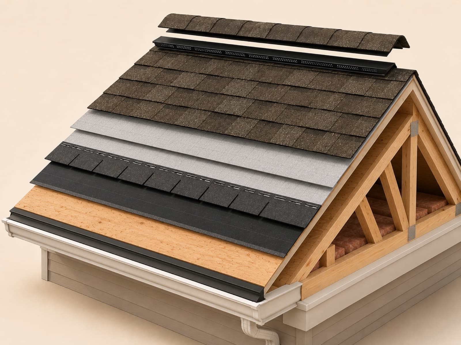 A complete Tiki roofing system: Roof Decking, Ice & Water Protection, Synthetic Underlayment, Starter Shingles, Architectural Shingles, Ventilation, Hip & Ridge Shingles.